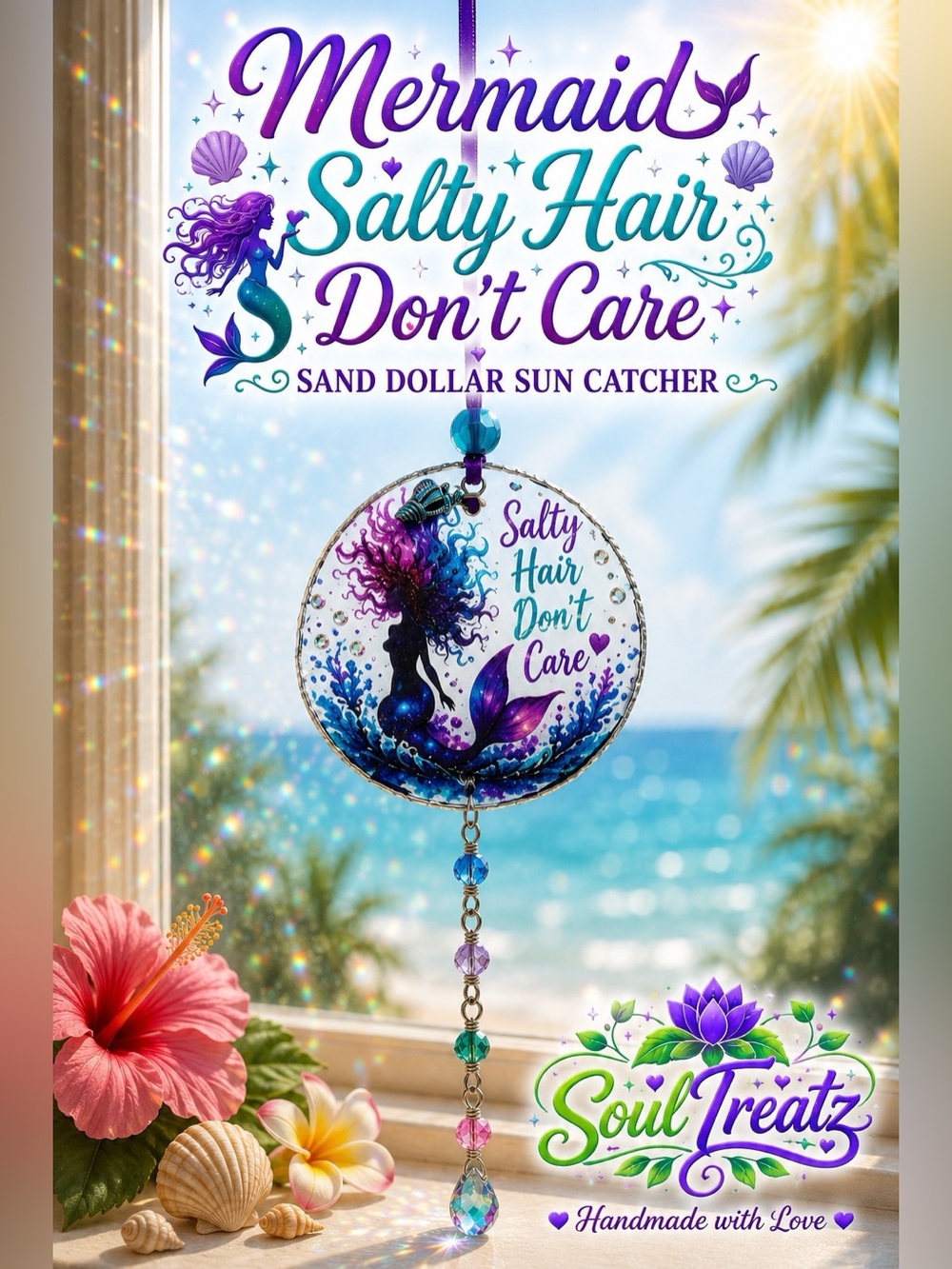 Decoupage Mermaid Crystal Sun Catcher — Purple & Teal Decorative Wall Hanging